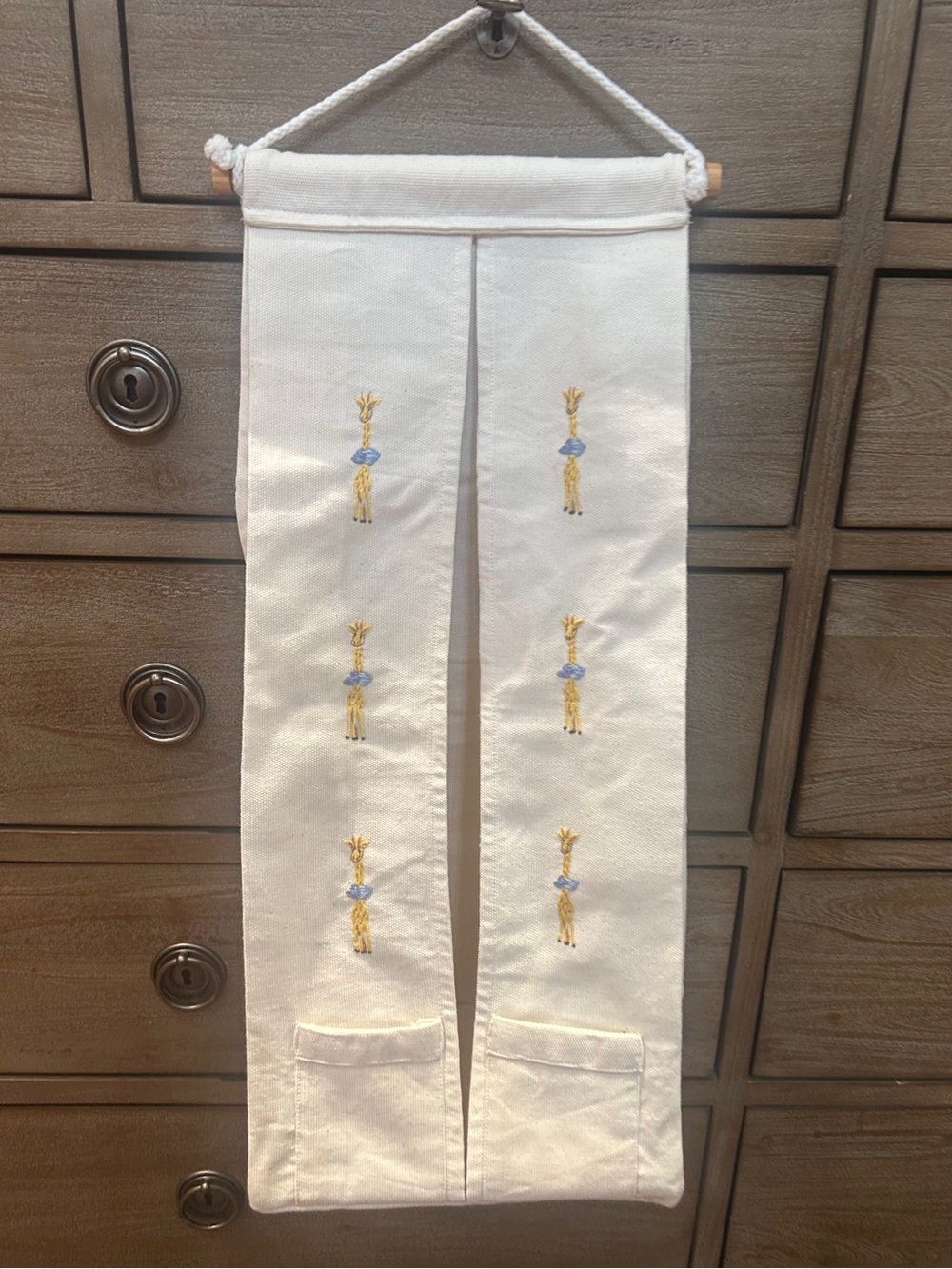 New Hanging Diaper Organizer Stacker Embroidered Giraffes Nursery Canvas French